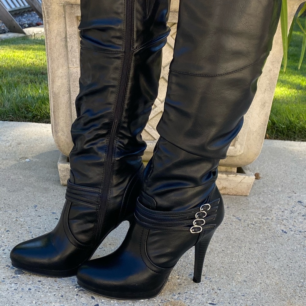 Style & Co Black Leather stiletto Knee High Boots